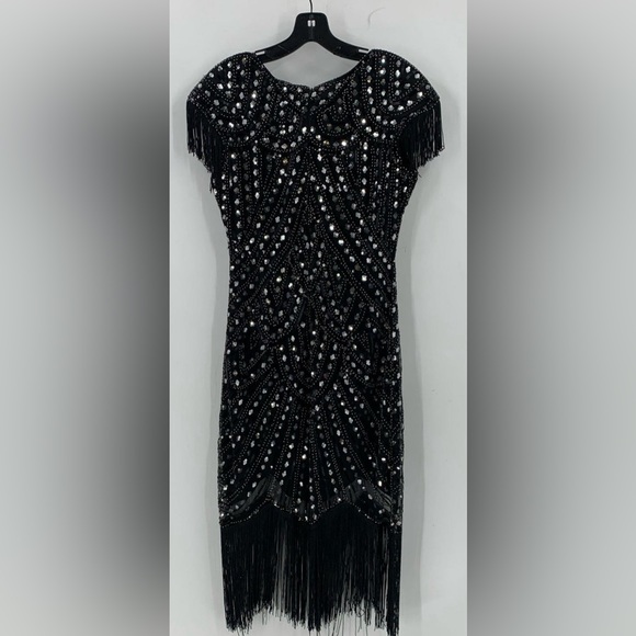 fundaisy Dresses & Skirts - Fundaisy Womens Black Short Sleeve Sequin Fringe Cocktail Sheath Dress Large